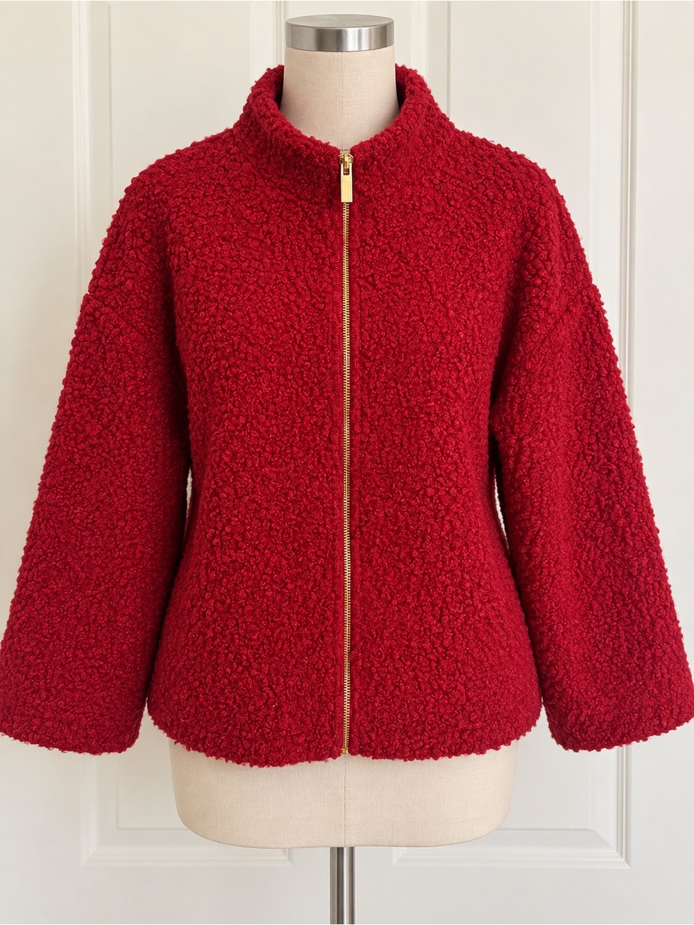 Anne Klein Red Teddy Zip Jacket with Gold Hardware
